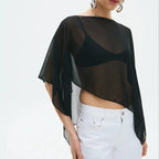 Womens Sheer Mesh Poncho Y2k Loose Solid Boat Neck Irregular Shrug Trendy Casual See Through Off Shoulder Beach Coverup Top New - Matrix Studios