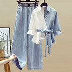 2025 Summer New Stitched Chiffon Shirt Female Set Elegant Women's Jeans Casual Blouse Two Piece Set Ladies Tracksuits - Matrix-studios.com