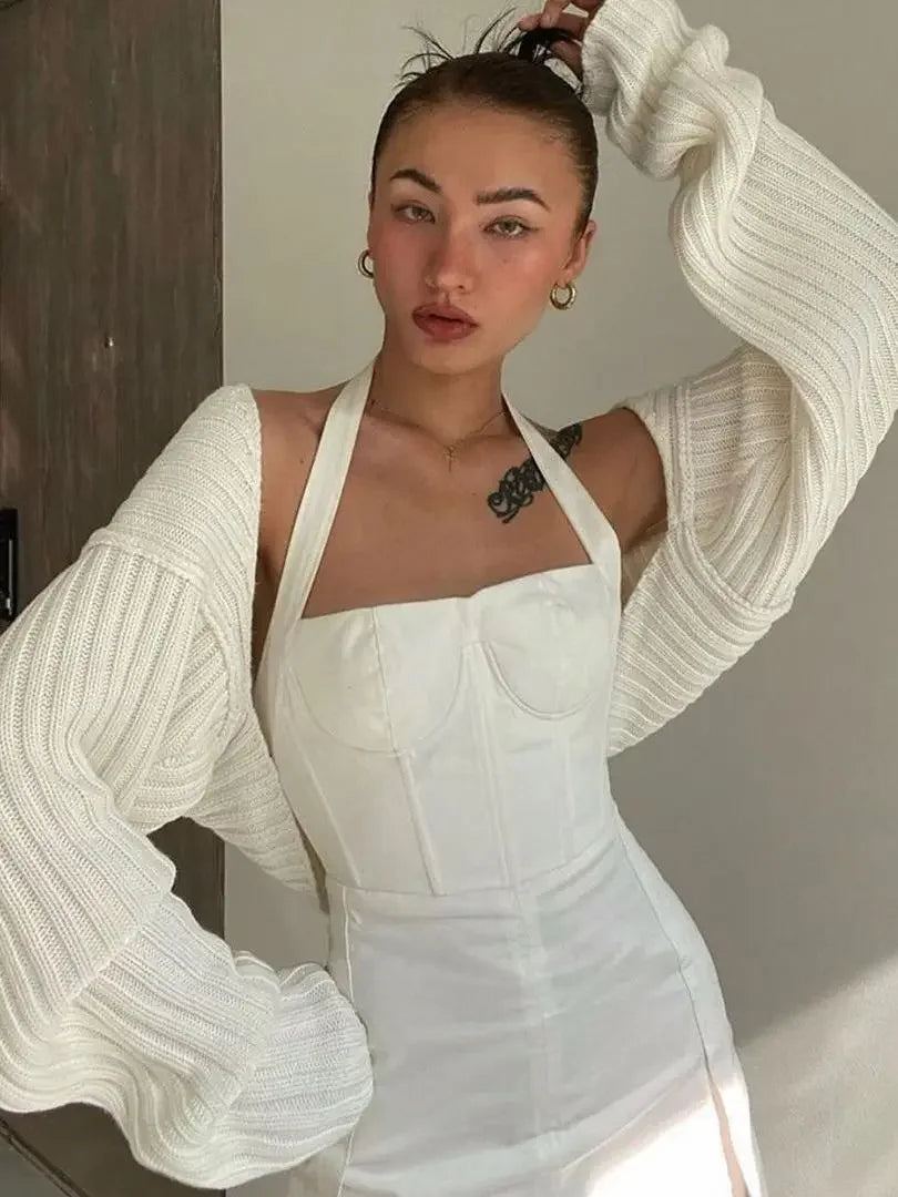 Women Ultra-short Sweater Coat Autumn Winter Long Sleeve Loose Cropped Knit Tops Solid Color Shrugs Fashion Cardigan Sweaters - Matrix Studios