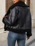 Women's Faux Leather Sherpa Motor Jacket Bomber Aviator Cropped Coat - Matrix Studios