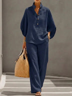 Fashion Cotton Linen  Pant Set  Women's Casual Stand Collar Button Top Wide Leg Trousers 2-piece Set Retro Female Office Suit - Matrix-studios.com