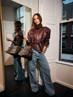 Women Solid Burgundy Waist Cinching Jacket Fashion Lace Up Stand Collar Zipper Bucket Short Jackets 2026 Lady High Street Coat - Matrix Studios