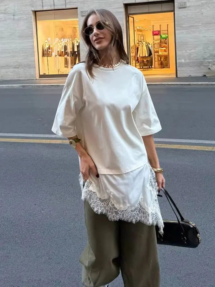 HH Women Vintage Solid Lace Patchwork T-Shirts Asymmetrical Hem O Neck Short Sleeve Shirt 2026 Trend High Street Lady Chic TEES - Matrix-studios.com