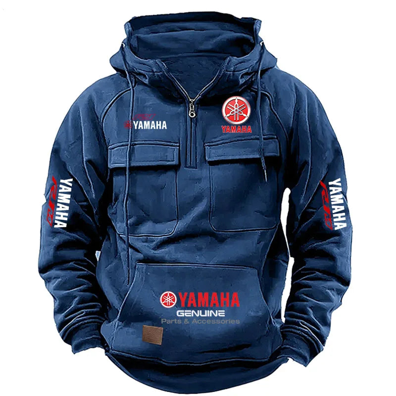 2026 New YAMAHA Logo Motorcycle Racing Race Retro Velvet Half Zipper Hoodie Men's Multi Pocket Autumn/Winter Casual Sweatshirt - Matrix Studios