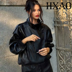HXAO Black Jacket Women's Coat Faux Leather Jacket Outerwears Demi-Season Bomber Moto Biker Zipper Jacket High Neck Short Coat - Matrix Studios