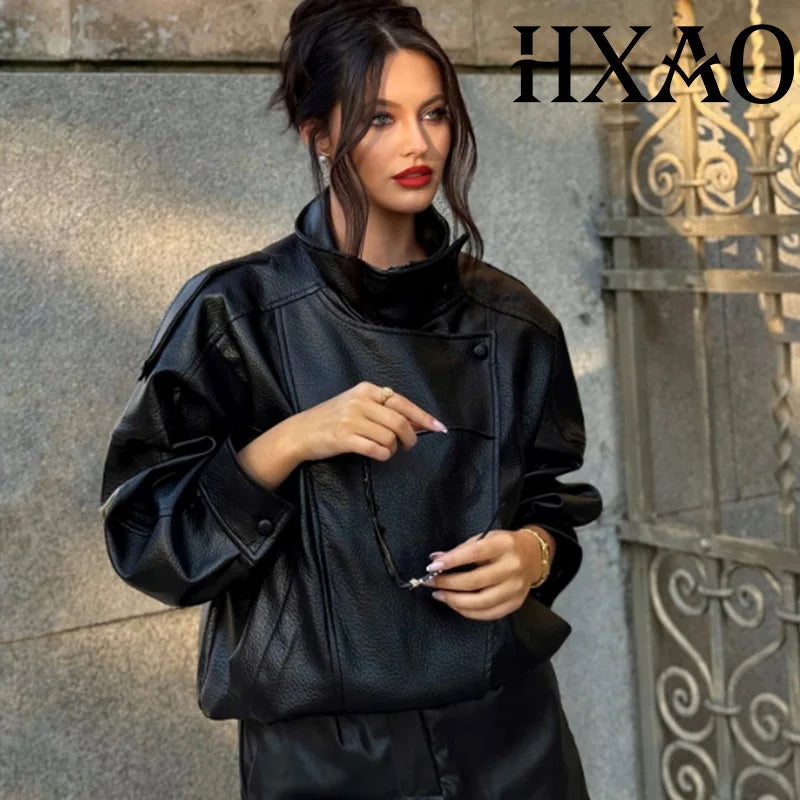 HXAO Black Jacket Women's Coat Faux Leather Jacket Outerwears Demi-Season Bomber Moto Biker Zipper Jacket High Neck Short Coat - Matrix Studios