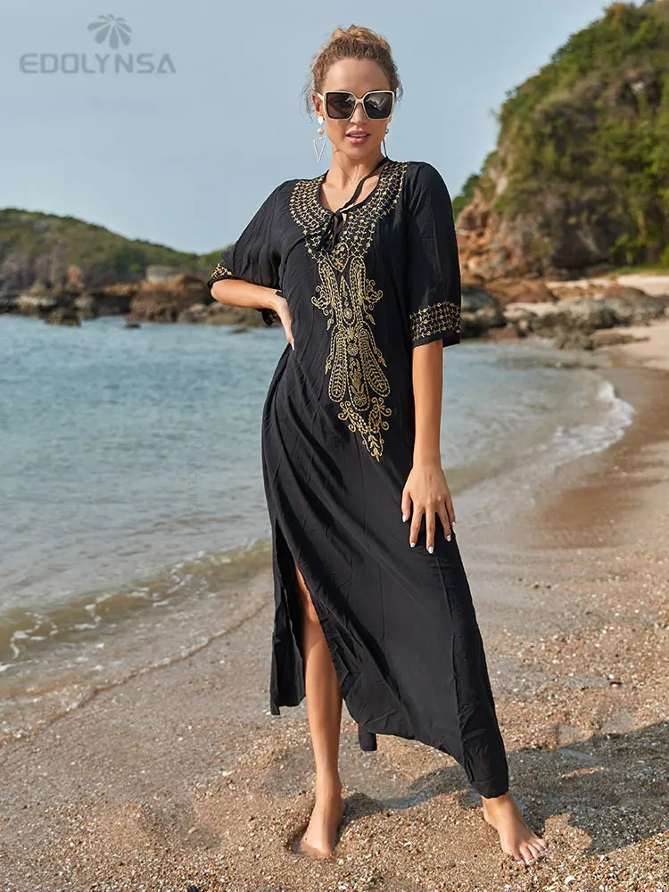 2026 Indie Folk Embroidered Short Sleeve Summer Dress Cotton Tunic Beach Kaftan Women Beachwear Swimsuit Cover Up Robe de plage - Matrix Studios