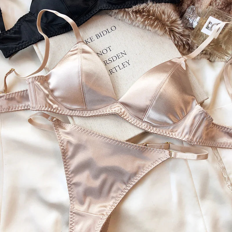Summer Women Underwear Set Sexy Silken Triangle Cup Wireless Bras French Bralette Seamless Intimates Bra and Thong Lingerie Set - Matrix-studios.com