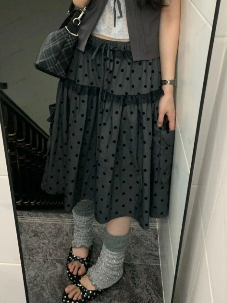 2000 Aesthetic Gray Design Polka Dot Skirt Women New American Retro Cute Skirts Female A-line Hottie Lace Korean Popular Clothes - Matrix-studios.com