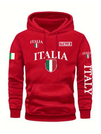 Men's Italy Flag Shield Bold ITALY Letter Print Hoodie Grey Casual Pullover Front Pocket Ribbed Cuffs Comfort Fit Urban Fashion - Matrix Studios