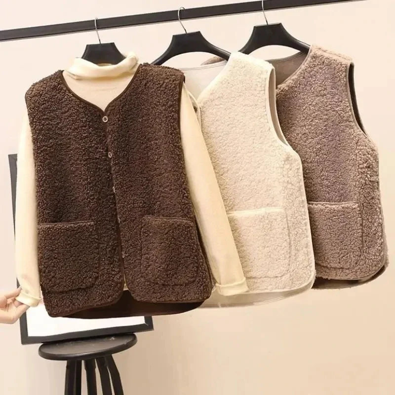 Lamb's Fleece Vests Jacket New Spring Autumn Women Button Waistcoat Winter Warm Fleece Sleeveless Outwear Female - Matrix Studios
