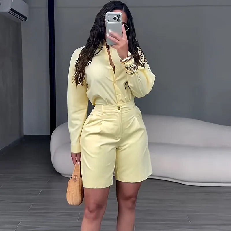 Doyerl Solid Elegant Fashion Two Piece Set Women Clothing Casual Long Sleeve Shirt Top and Shorts Matching Sets Ensembles Femme - Matrix-studios.com