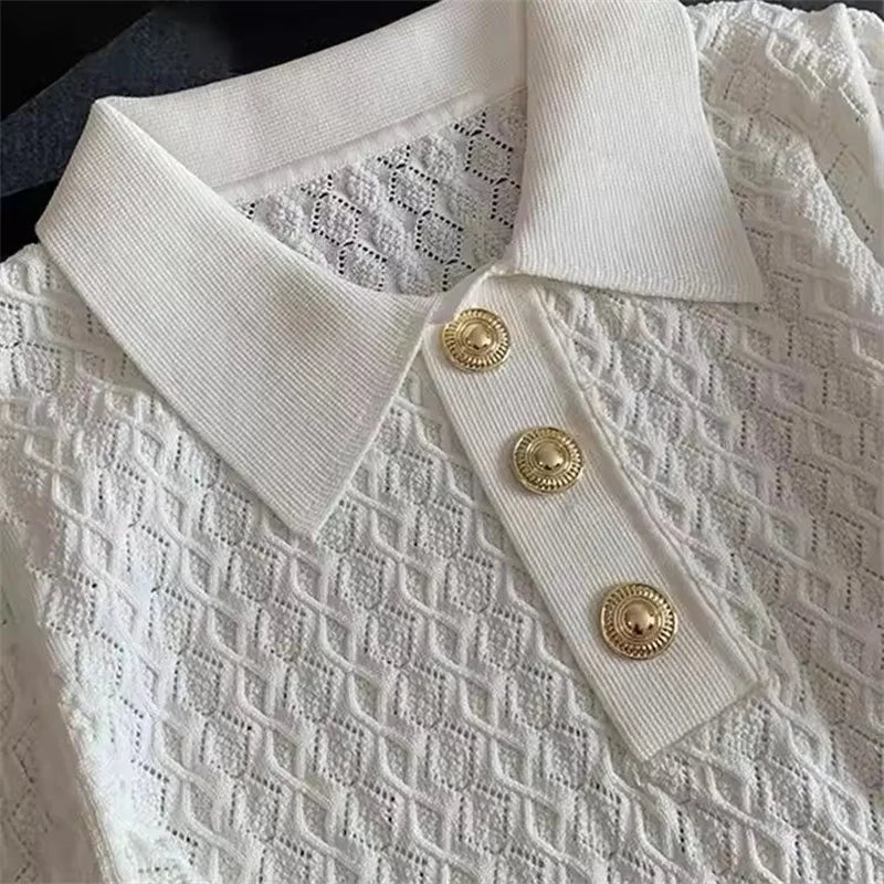 Korean Ice Silk Polo Neck Knitted Shirt Women 2025 Summer Chic Thin Unique Jacquard Short Sleeve Ladies Tops Women’s Clothing - Matrix-studios.com