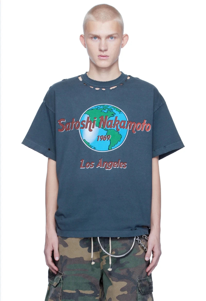 Summer Satoshi Street Vintage Letter Pattern Print Comfort Round Neck Short Sleeve Washed Versatile Trendy Loose Casual T-shirt - Matrix-studios.com