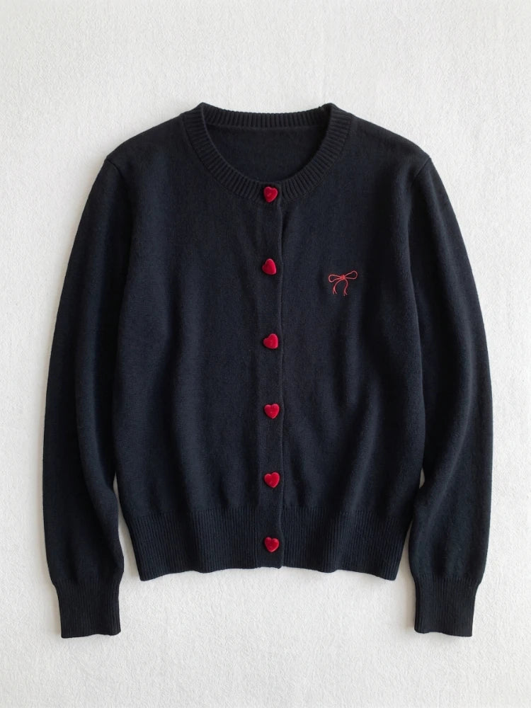 2026 Autumn O-Neck Single Breasted Heart Button Sweater Bow Embroidery Knitted Women Cardigan Korean Casual Tops Woman Clothes - Matrix Studios
