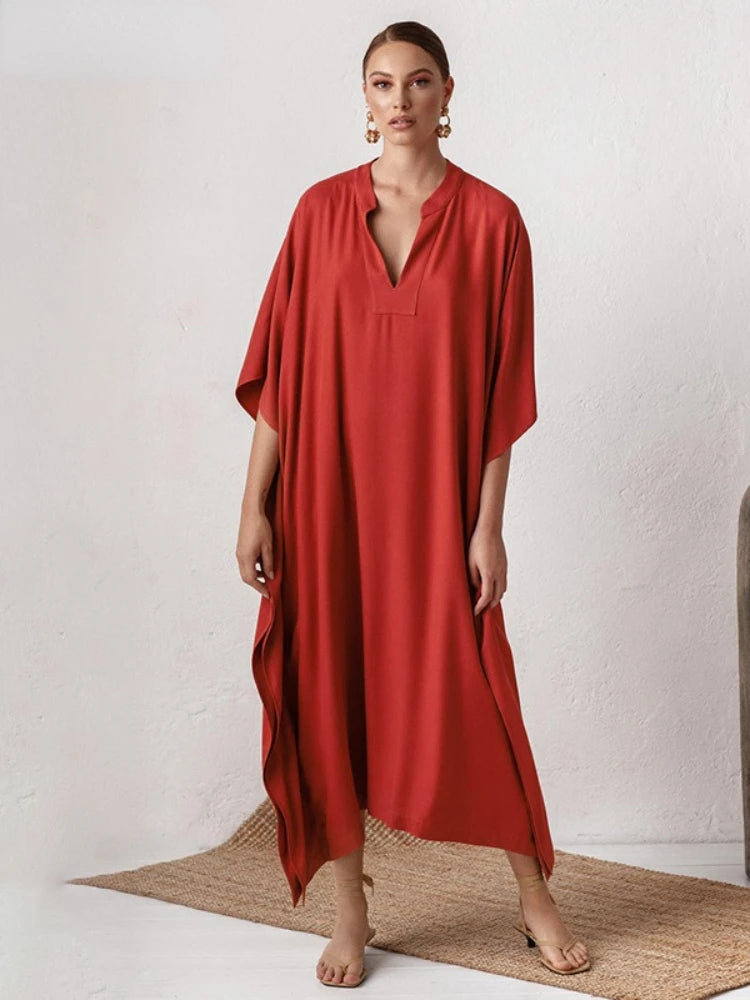 Swimsuit Cover Up Women Kaftan Beach Tunic Solid V Neck Elegant Summer Long Dress Loose Beachwear Bathing Suit Swimwear - Matrix Studios