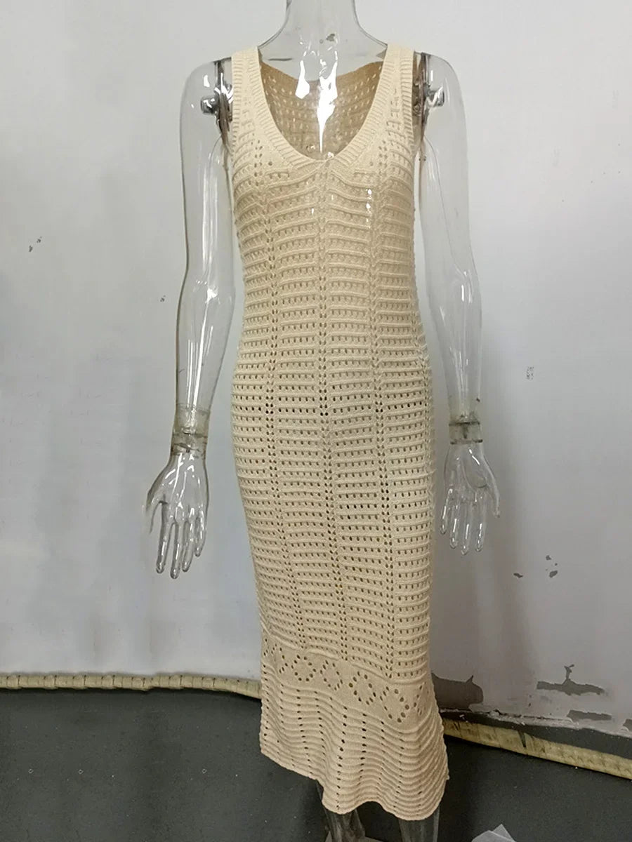 S - XL 2025 V Neck Hollow Out Crochet Knitted Tunic Beach Cover Up Long Cover-ups Beach Dress Beach Wear Beachwear Female Women - Matrix Studios