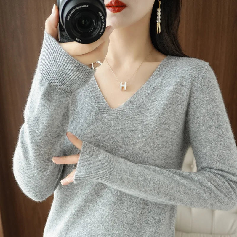New Cashmere Women's V-neck Pullover Lace Neck Hollow Out Design Casual Knitted Long Sleeve Women's Sweater Autumn And Winter - Matrix-studios.com