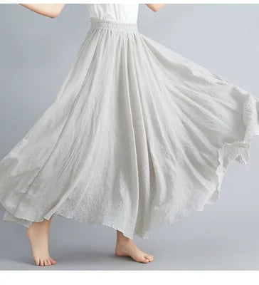 28-Color Mori Girl Literary Cotton Linen Dress Elastic Waist A-line Expansion Skirt Solid Color Ethnic Style Women Long Skirts - Matrix-studios.com