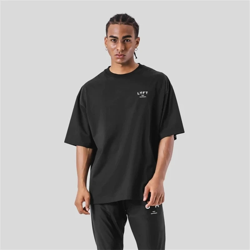 ONE POINT LYFT Print Big T Shirt Men Running Sport Gym Fitness Training Oversized 100% Cotton T-shirt Mens Bodybuilding Tee Tops - Matrix Studios