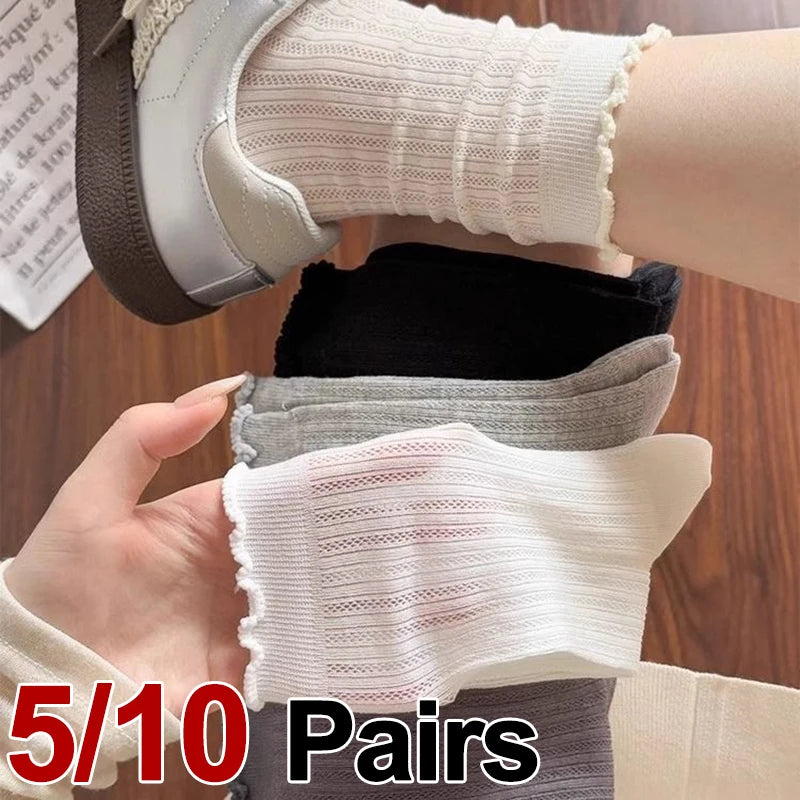 5/10 Pairs Women Solid Color Mesh Mid Tube Socks Summer Lightweight Breathable Fashionable Wavy Edge Ballet Style Casual Socks - Matrix Studios