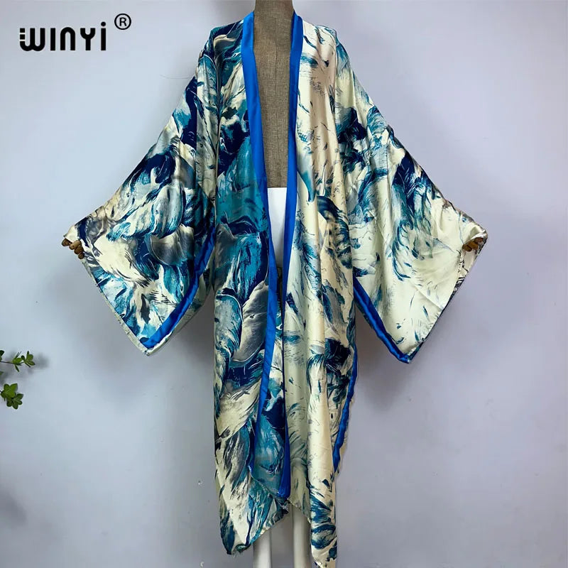 WINYI Kimono Africa Summer Boho Print Bikini Cover-up Elegant Fashion Cardigan Sexy Holiday Long Sleeve Silk Feeling Maxi Dress - Matrix Studios