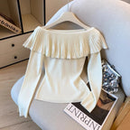 Women's Solid Color Slash Neck Ruffles Sweater Short Pullover Korean Fashion Chic Retro Style for Autumn Winter - Matrix Studios