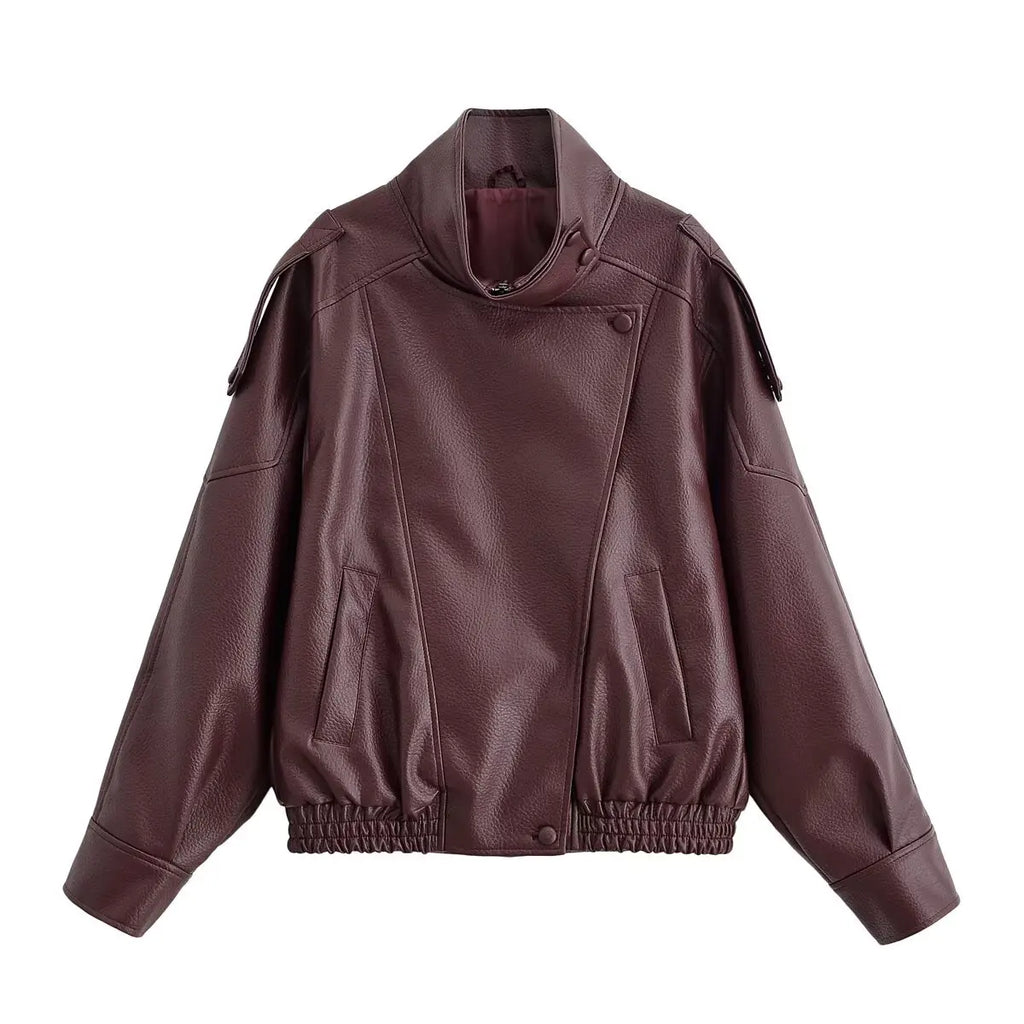HH Autumn Faux Leather Jacket For Women Casual Solid Long Sleeve Zipper Pu Leather Coats New Fashion Female Streetwear - Matrix Studios