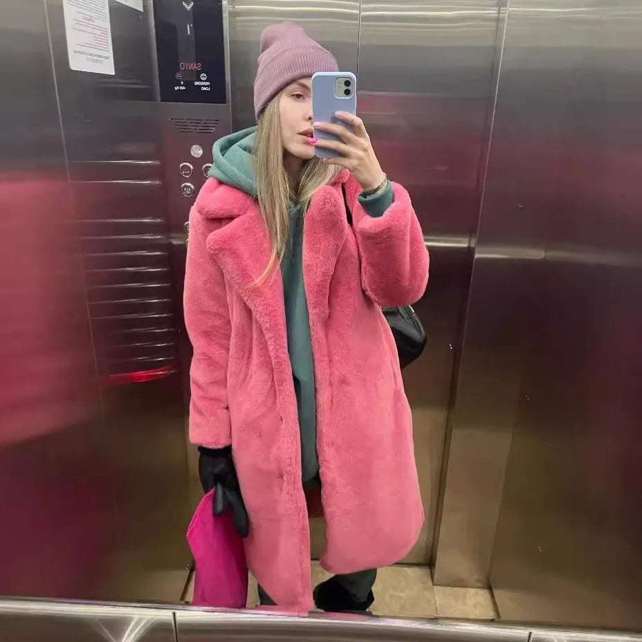 Winter Women High Quality Faux Rabbit Fur Coat Luxury Long Fur Coat Loose Lapel OverCoat Thick Warm Plus Size Female Plush Coats - Matrix Studios