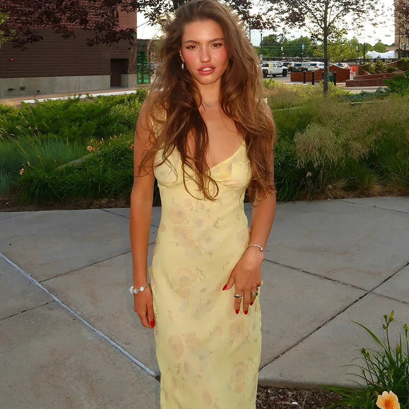 Cryptographic Summer Floral Print Plunge Maxi Dress Outfits Sexy Backless Fairy Sun Dresses Vacation Beachwear Vestido Coquette - Matrix-studios.com
