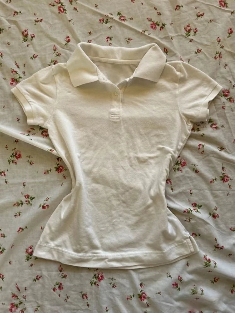 HOUZHOU Vintage White T-Shirts Women Casual Polo Collar Solid Short Sleeve Tees American Retro Summer Basic T-Shirts Slim Up - Matrix-studios.com