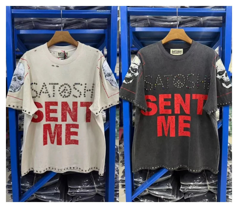Summer Latest Highest Quality Fashion High Street SATOSHI NAKAMOTO Washed Distressed Beaded Destroyed Short-Sleeve T-Shirt - Matrix-studios.com