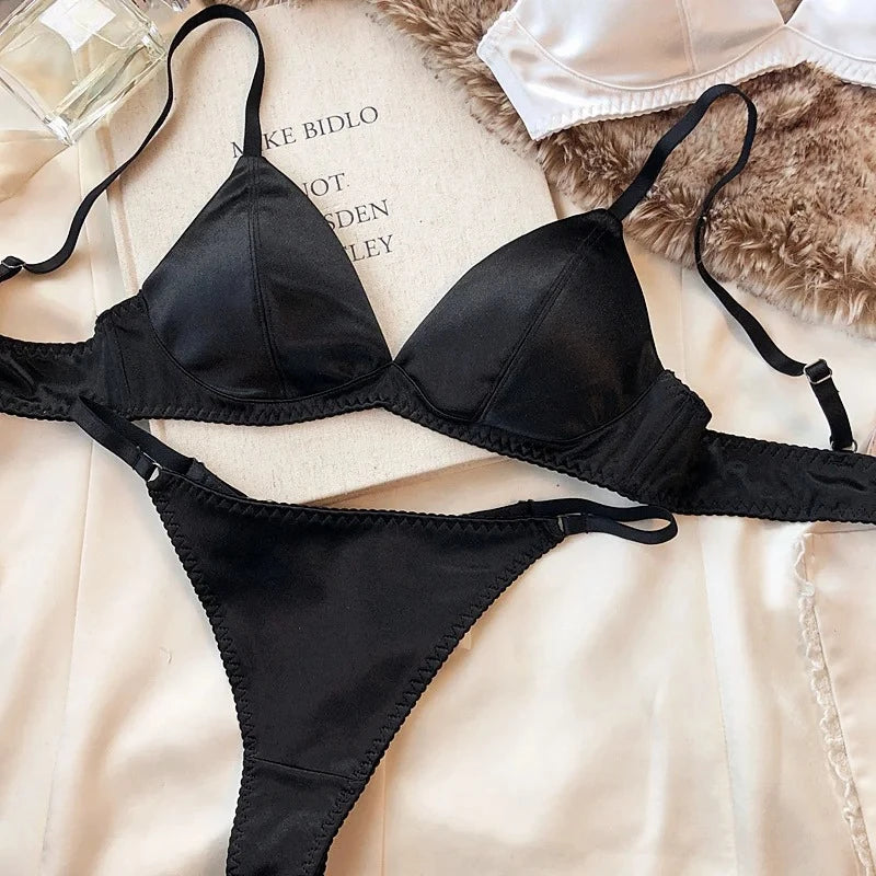 Summer Women Underwear Set Sexy Silken Triangle Cup Wireless Bras French Bralette Seamless Intimates Bra and Thong Lingerie Set - Matrix-studios.com