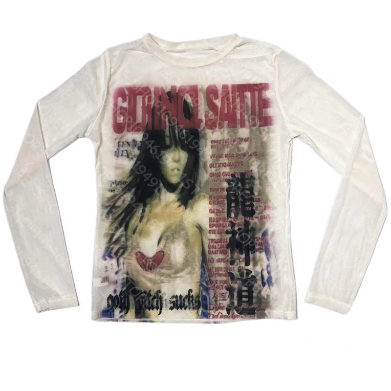 Punk Aesthetic Vintage Y2K Long Sleeve T-shirt Print Cute Grunge Tee Emo Girls Clothes Gothic Fairycore Women's Streetwear - Matrix-studios.com