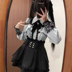 Harajuku Sweet Bow Black Plaid Dresses All-match Slim Fit Kawaii Lolita Dress for Women Autumn New Long Sleeve Vestidos De Mujer - Matrix-studios.com