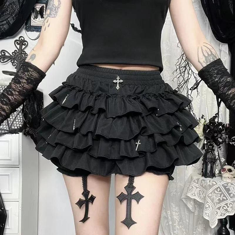 Women Skirts Tiered Ruffles Mini Skirt with Cross Charms Built-in Shorts Kawaii Sukapan Skort Gothic Punk Coquette Y2K E-girl - Matrix-studios.com