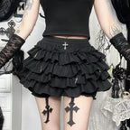 Women Skirts Tiered Ruffles Mini Skirt with Cross Charms Built-in Shorts Kawaii Sukapan Skort Gothic Punk Coquette Y2K E-girl - Matrix-studios.com