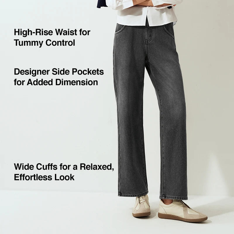 Semir Jeans Women Wide Leg Fleece Lined Comfortable High Waist Winter 2025 New Floor-Length Pants with Leg-Elongating Effect - Matrix-studios.com
