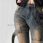 REDDACHiC Women Low Waist Cargo Flare Jeans Y2k Vintage Distressed Belted Fitted Bootcut Pants Bell Bottoms Korea Streetwear - Matrix-studios.com