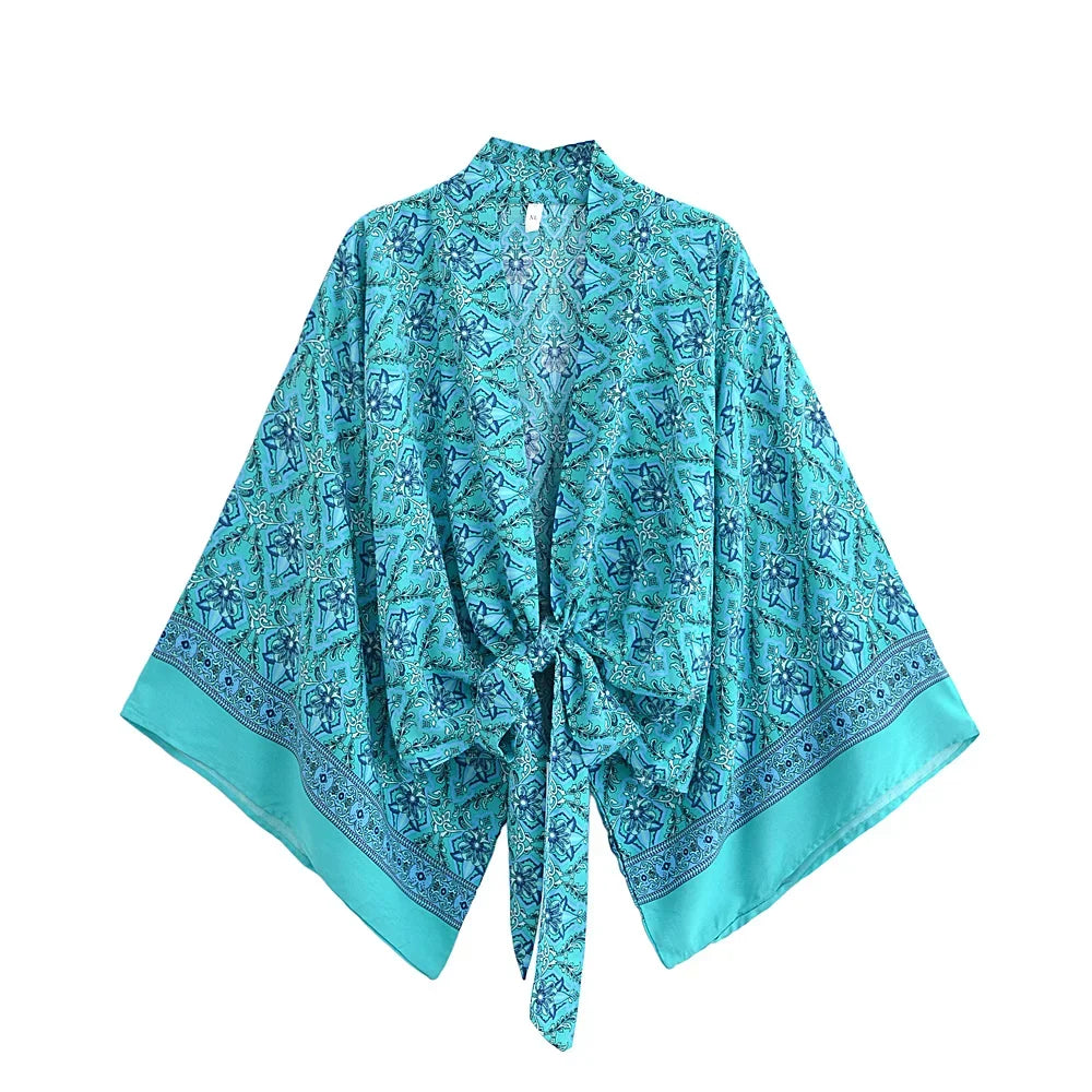 Boho Queens Red Floral Beach Kimono Short Robe Swimsuits Women Fashion Batwing Sleeves Rayon Bohemian Bikini Cover Ups Beachwear - Matrix Studios