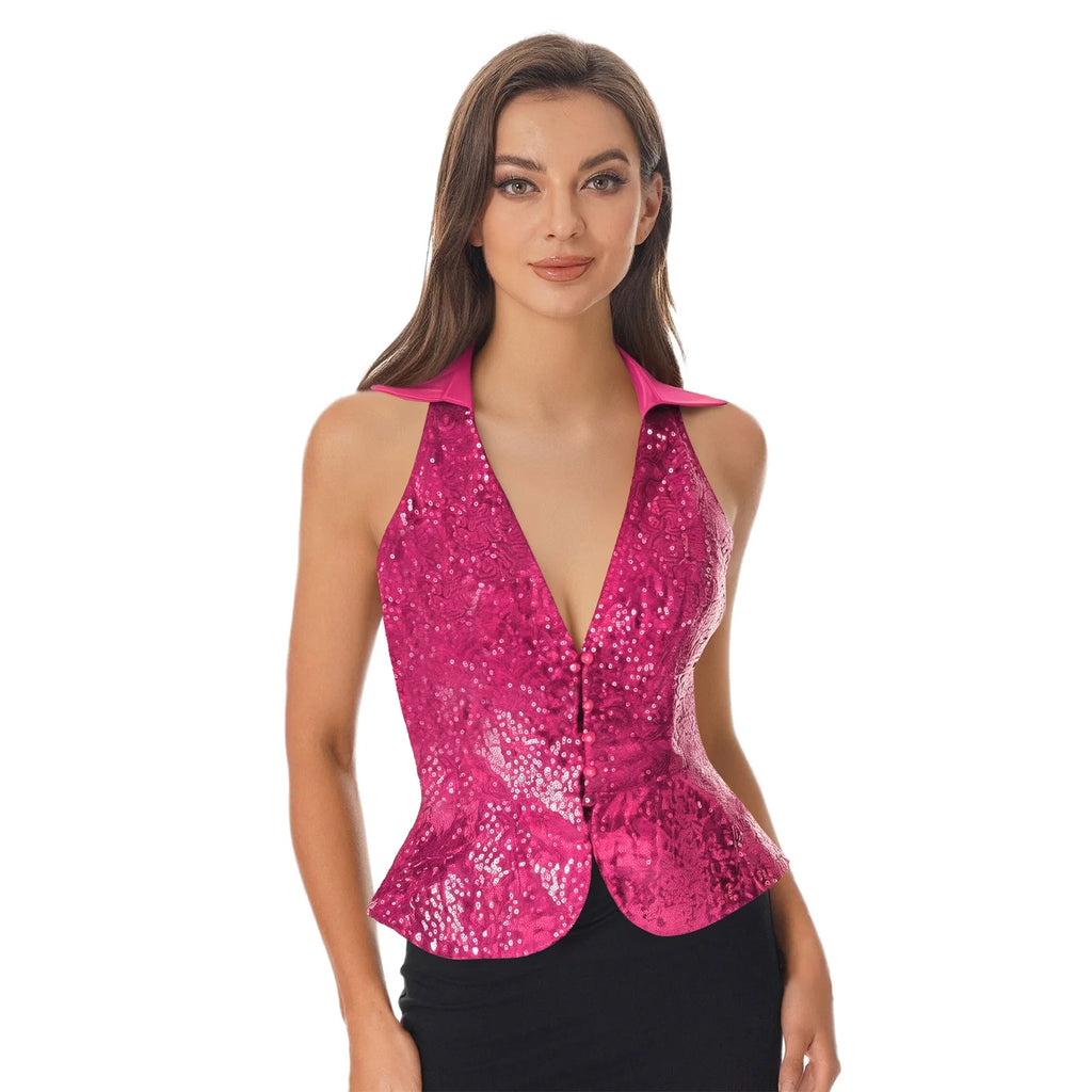 Womens Sequin Vest Lapel Sparkly Cosutme Sleeveless Vests Nightclub Jazz Dance Party Dressy Tops Rave Music Festival Waistcoat - Matrix Studios