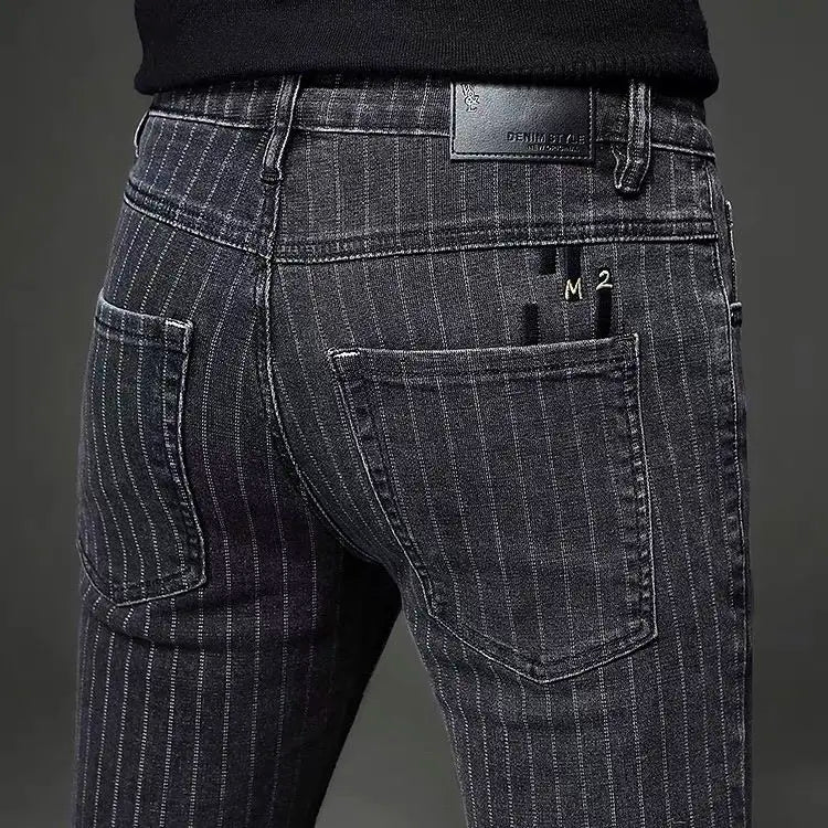 Men's Striped Slim Stylish Casual Pencil Pants Jeans Spring Autumn Korean Trendy Fashion Brand New Elastic Striped Long Trousers - Matrix Studios