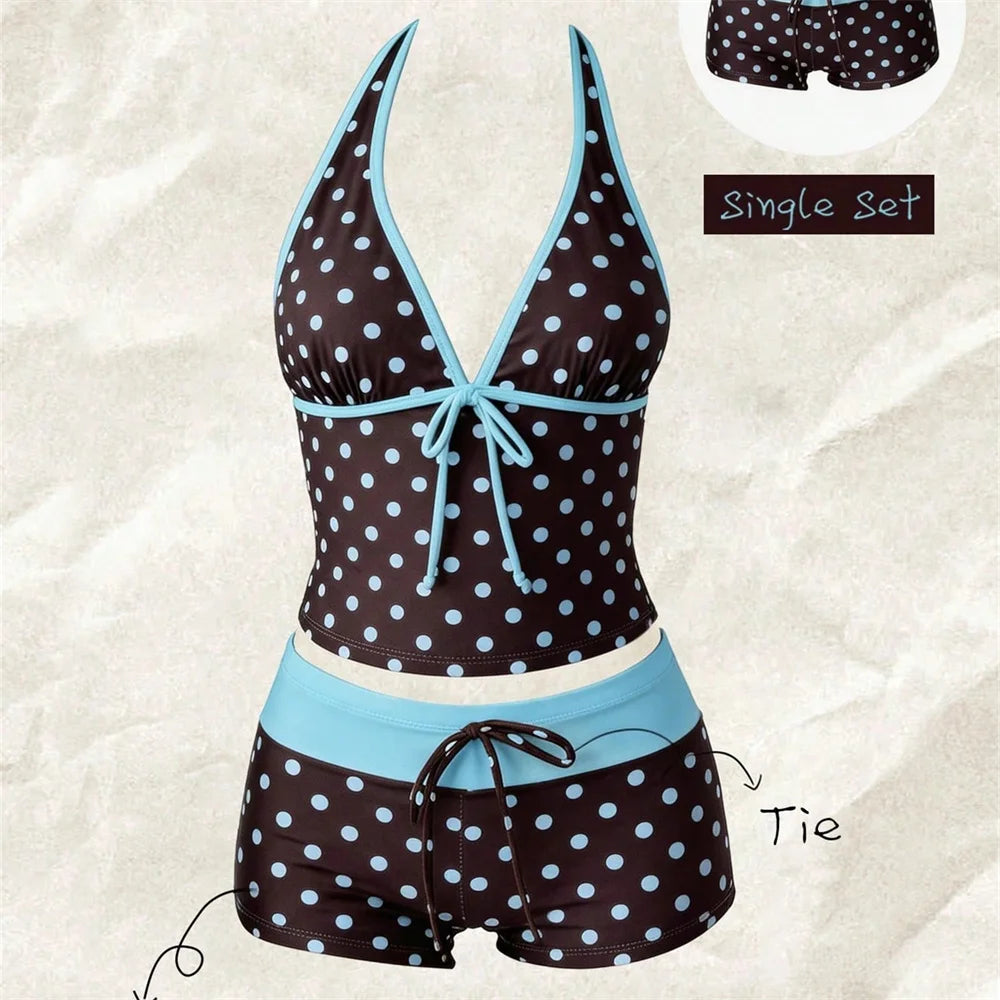 Vintage Color Block Patchwork Bikini Swimsuit Womens Bikinis and Tankinis Backless Knotted Vacation Swimwear Beach Outfit Shorts - Matrix-studios.com