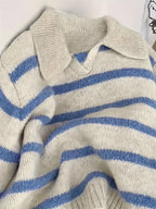 Women's Fashion Casual POLO Collar Striped Knitted Hoodie Soft and Comfortable Intercolor Sweater - Matrix Studios