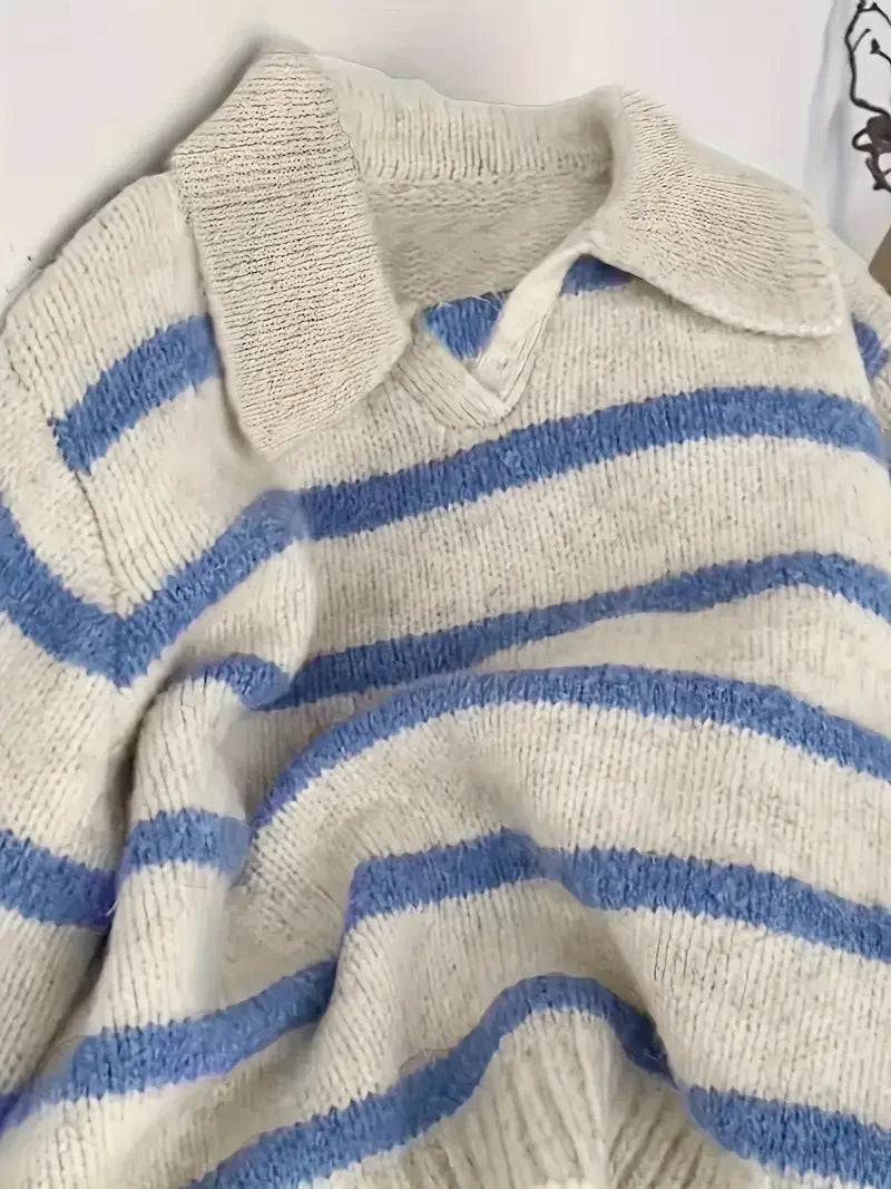 Women's Fashion Casual POLO Collar Striped Knitted Hoodie Soft and Comfortable Intercolor Sweater - Matrix Studios