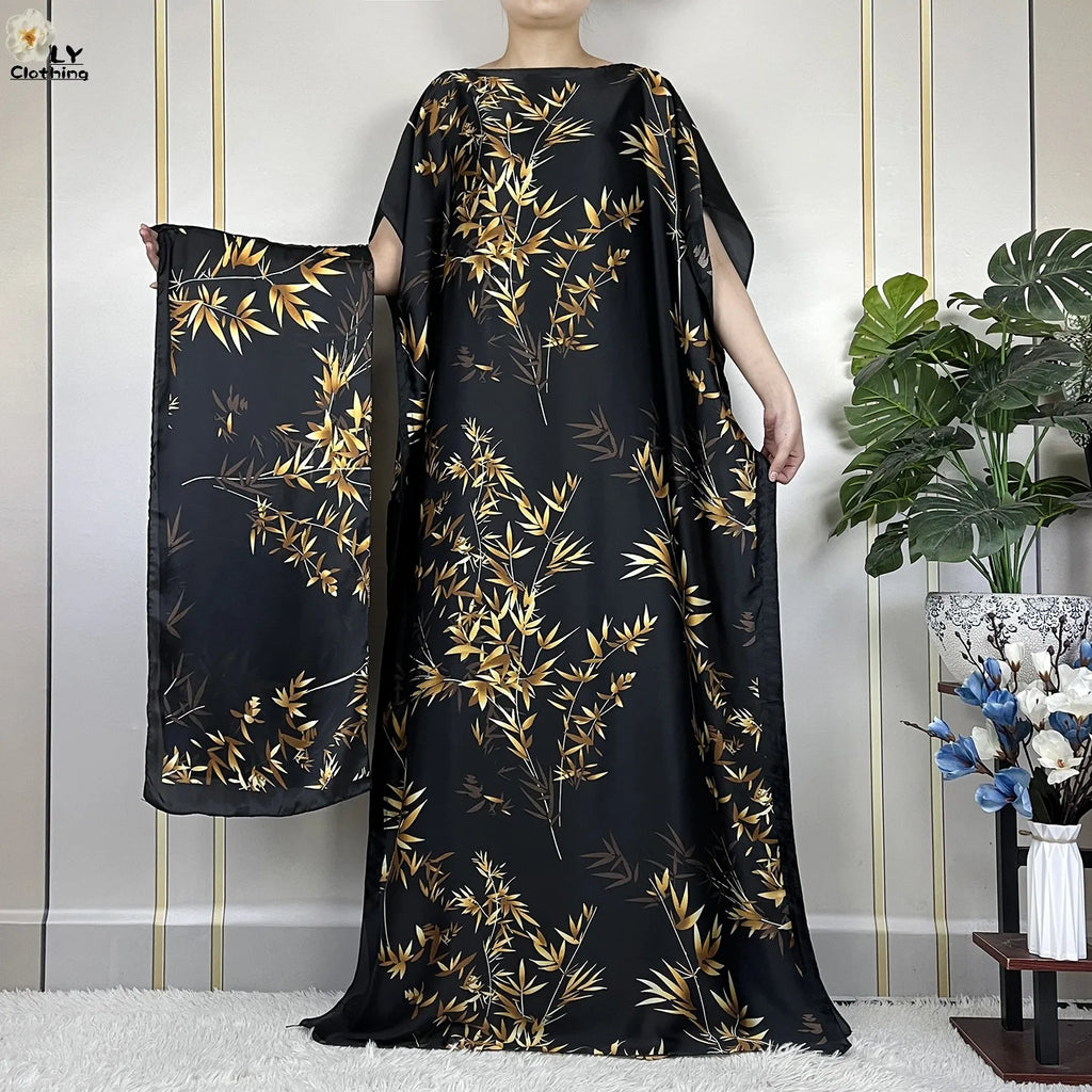 Muslim Abayas For Women 2023 New Fashion Printed Silk Soft Loose Femme Elegant Robe African Maxi Party Dresses With Belt Turban - Matrix-studios.com