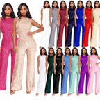 Bling Bling Sequined Club Jumpsuit Sexy Women O-neck Elegant Shiny Sliver Gold Sequins Straight Romper Overalls - Matrix Studios