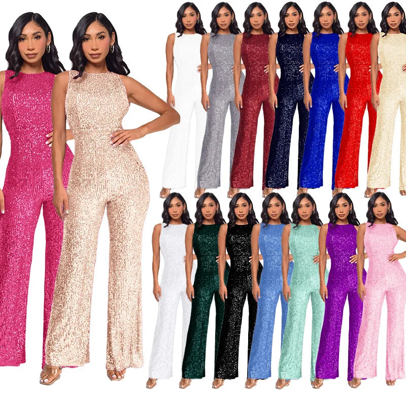 Bling Bling Sequined Club Jumpsuit Sexy Women O-neck Elegant Shiny Sliver Gold Sequins Straight Romper Overalls - Matrix Studios