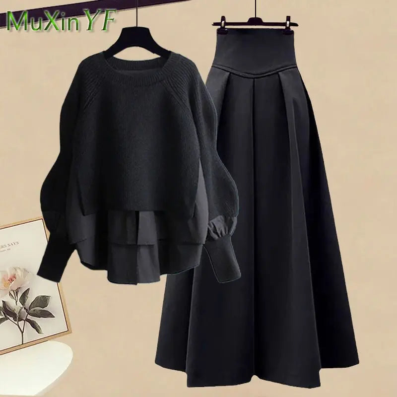 2026 Spring/Autumn New Korean Elegant Splice Fake Two Piece Knitted Sweater Dress Matching Set Women's Chic Pullover Skirt Set - Matrix-studios.com