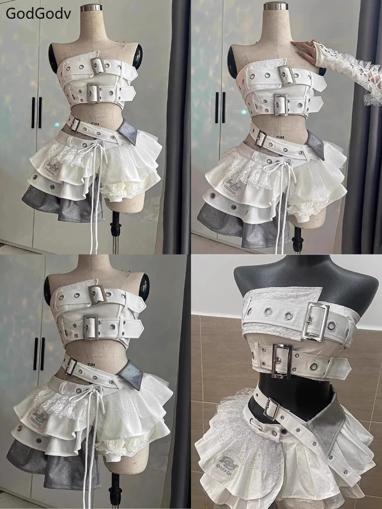 Summer Vintage Elegant Y2K Woman 2 Piece Sets Punk Gothic Strapless Crop Tops +High Waist Ruffle Skirt Female Party Outfits 2025 - Matrix-studios.com